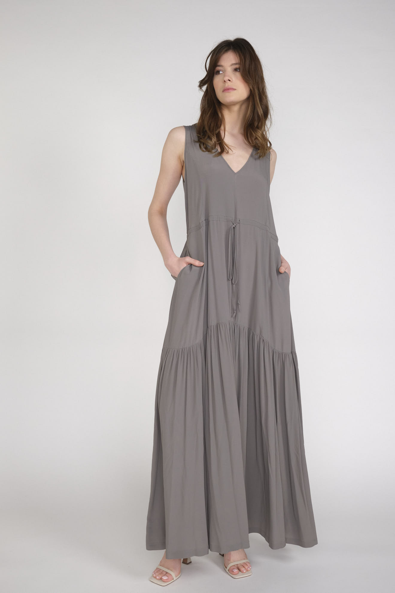 Semicouture Floor length dress with waist lacing with silk grey 38