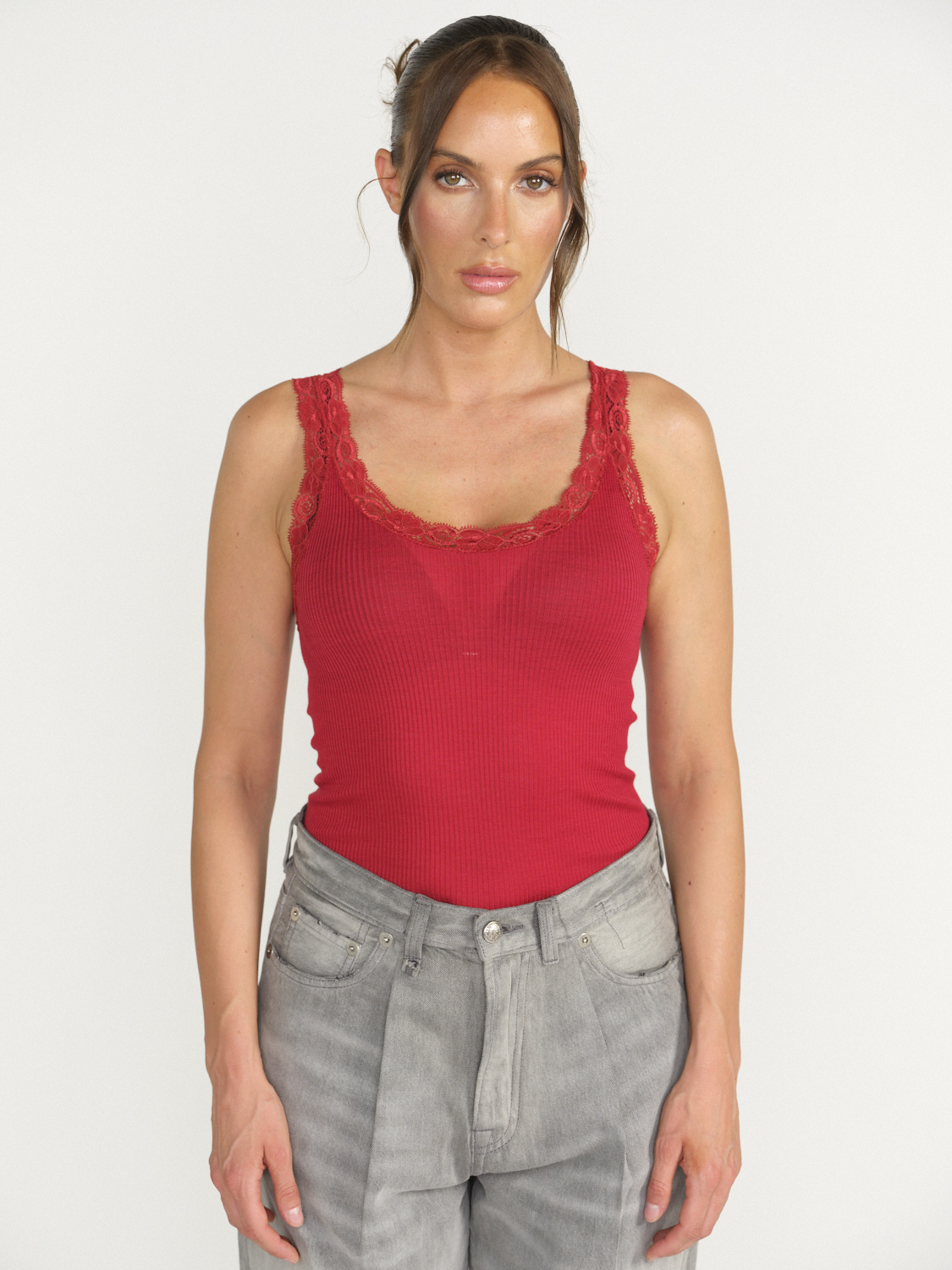 Oscalito Rippenstrick-Top mit Spitzendetails  rot M